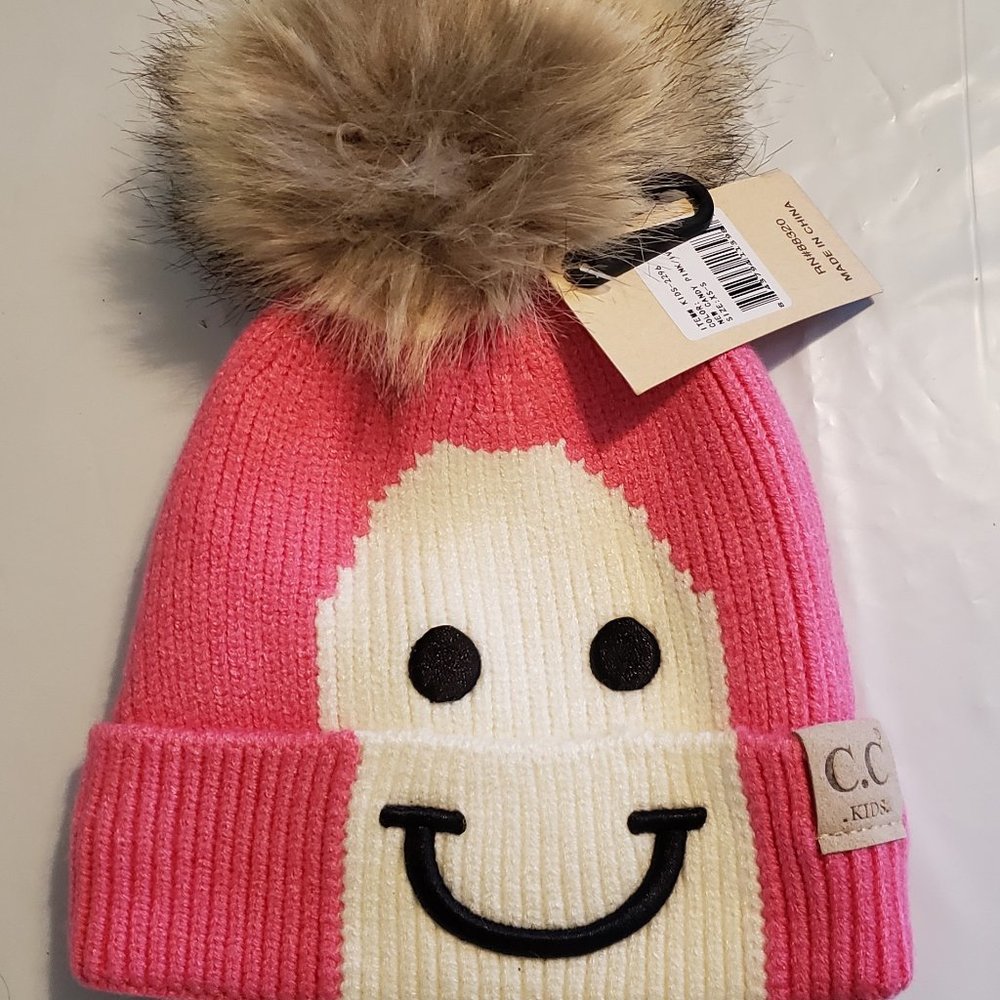 Girl's Pink Smiley Beanie w/ Pom
